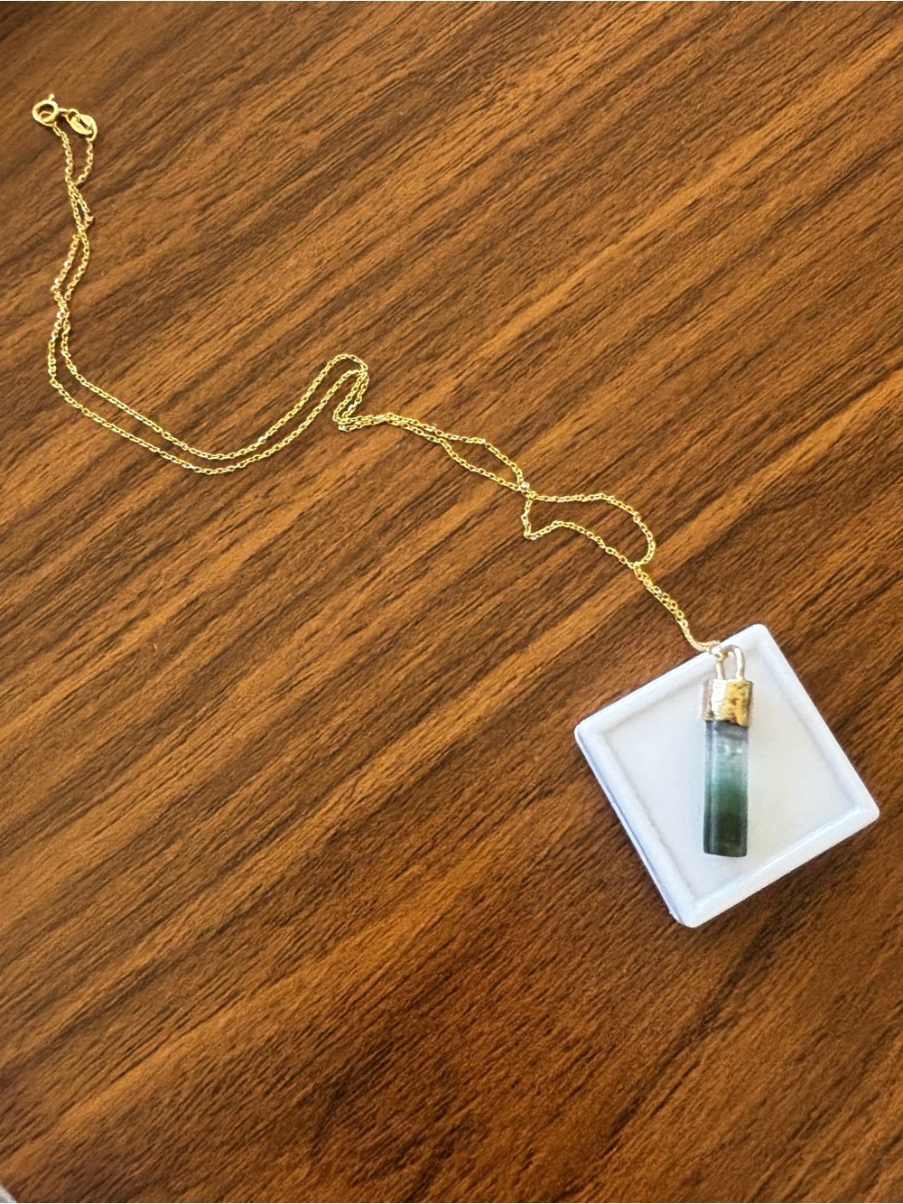 14k solid yellow gold necklace with green TRI color natural tourmaline crystal